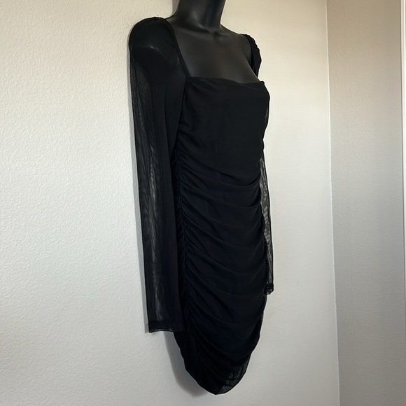 Princess Polly Charvi Black Mesh Long Sleeve Square Neck Ruched Mini Dress - Picture 7 of 11